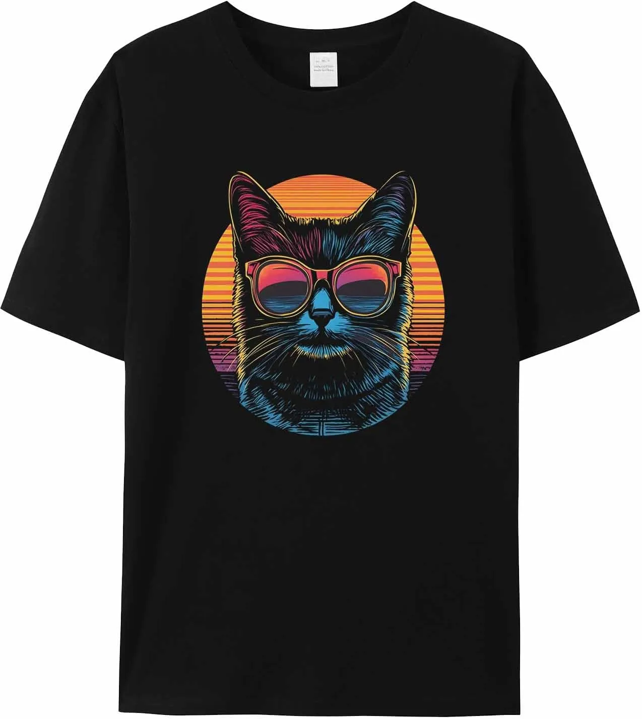 Cool Cat Sunglasses Crew Neck Men's T-Shirts,Short Sleeve Shirts for Women Men,Cat Orange Stripes Workout Tee Tops S-3XL