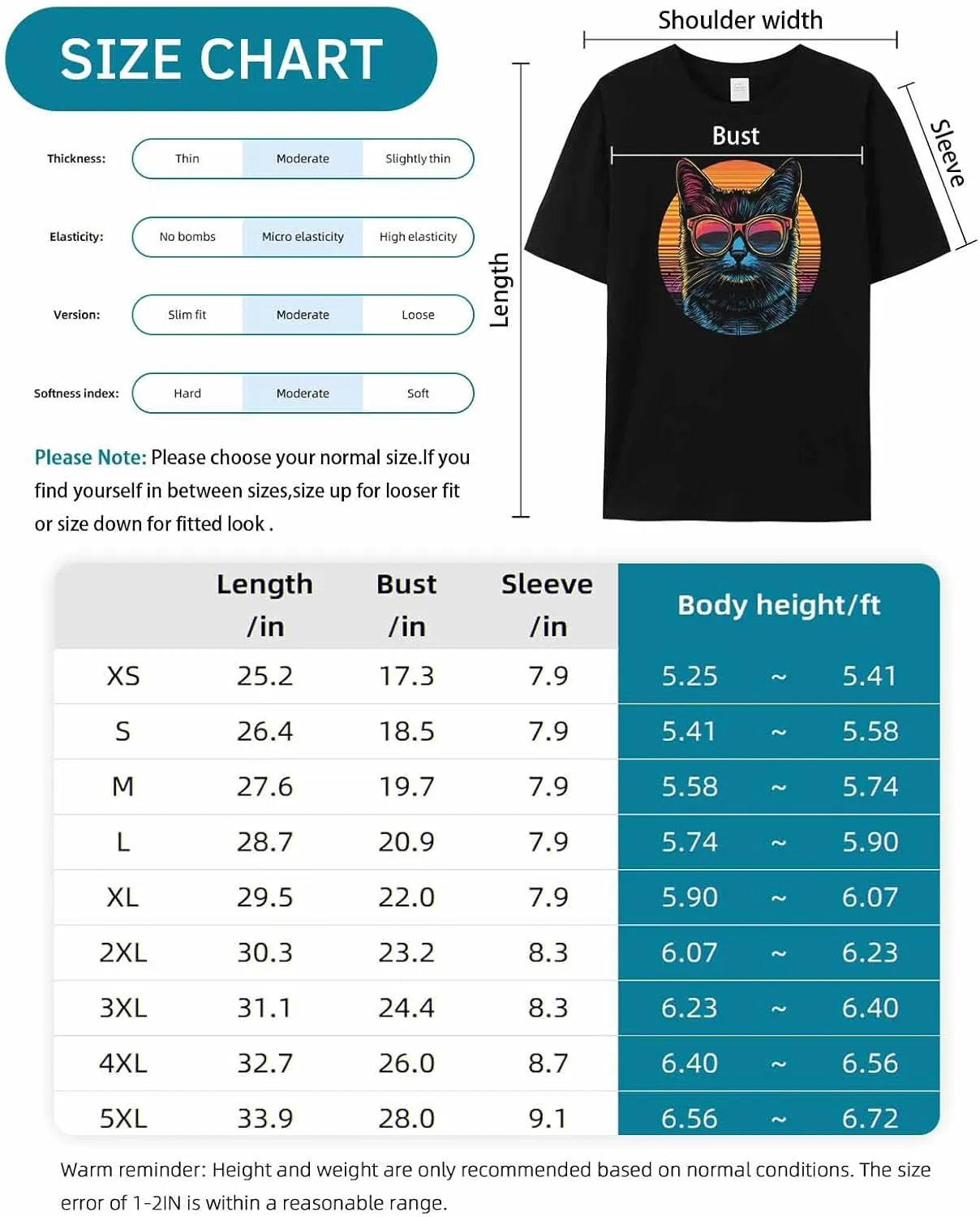 Cool Cat Sunglasses Crew Neck Men's T-Shirts,Short Sleeve Shirts for Women Men,Cat Orange Stripes Workout Tee Tops S-3XL