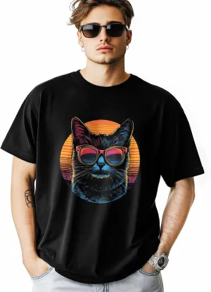 Cool Cat Sunglasses Crew Neck Men's T-Shirts,Short Sleeve Shirts for Women Men,Cat Orange Stripes Workout Tee Tops S-3XL