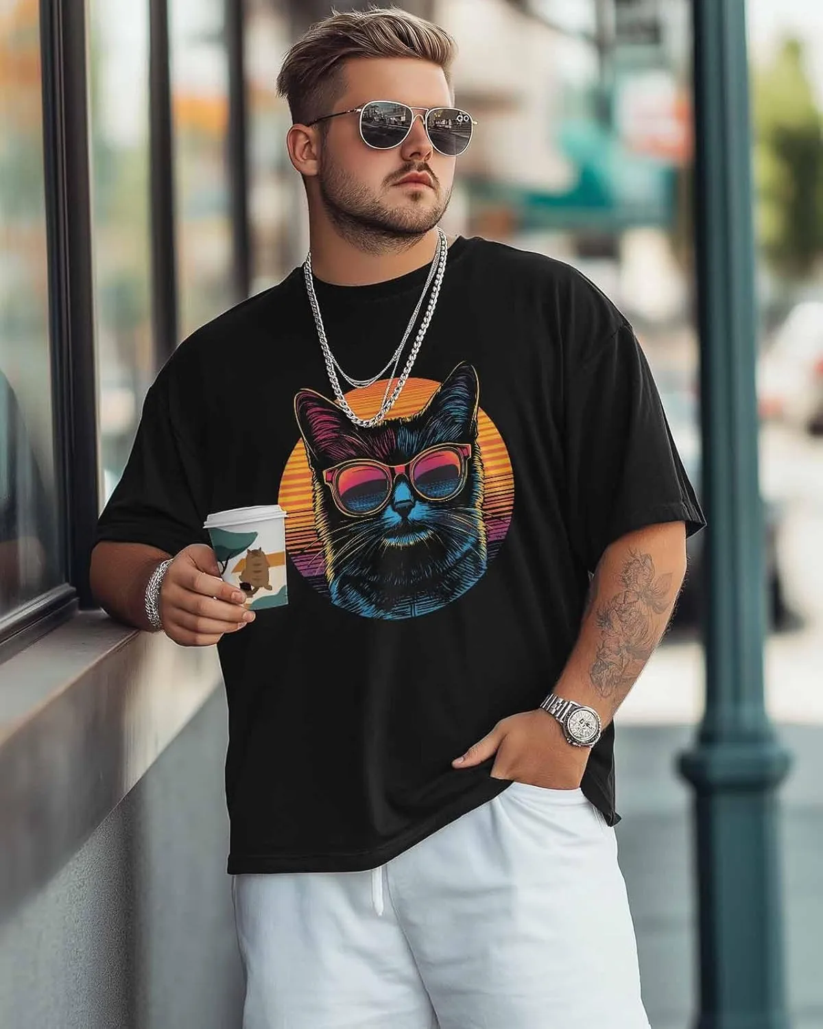Cool Cat Sunglasses Crew Neck Men's T-Shirts,Short Sleeve Shirts for Women Men,Cat Orange Stripes Workout Tee Tops S-3XL
