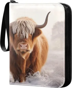Cool Highland Cow Card Binder 4 Pocket Collectible Trading Card Albums with 50 Sleeves Double Side PU Waterproof 3 Ring for Sports & Game Cards