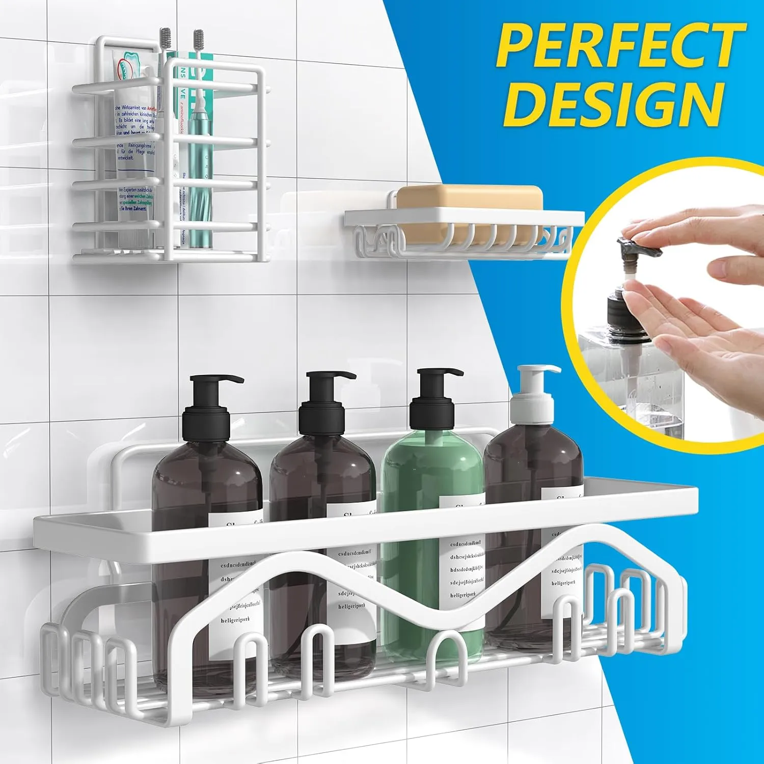 Coraje Shower Caddy [5-Pack], Adhesive Organizer No Drilling, Large Capacity Rustproof Bathroom Shelves, Shelf for Inside Shower (White)