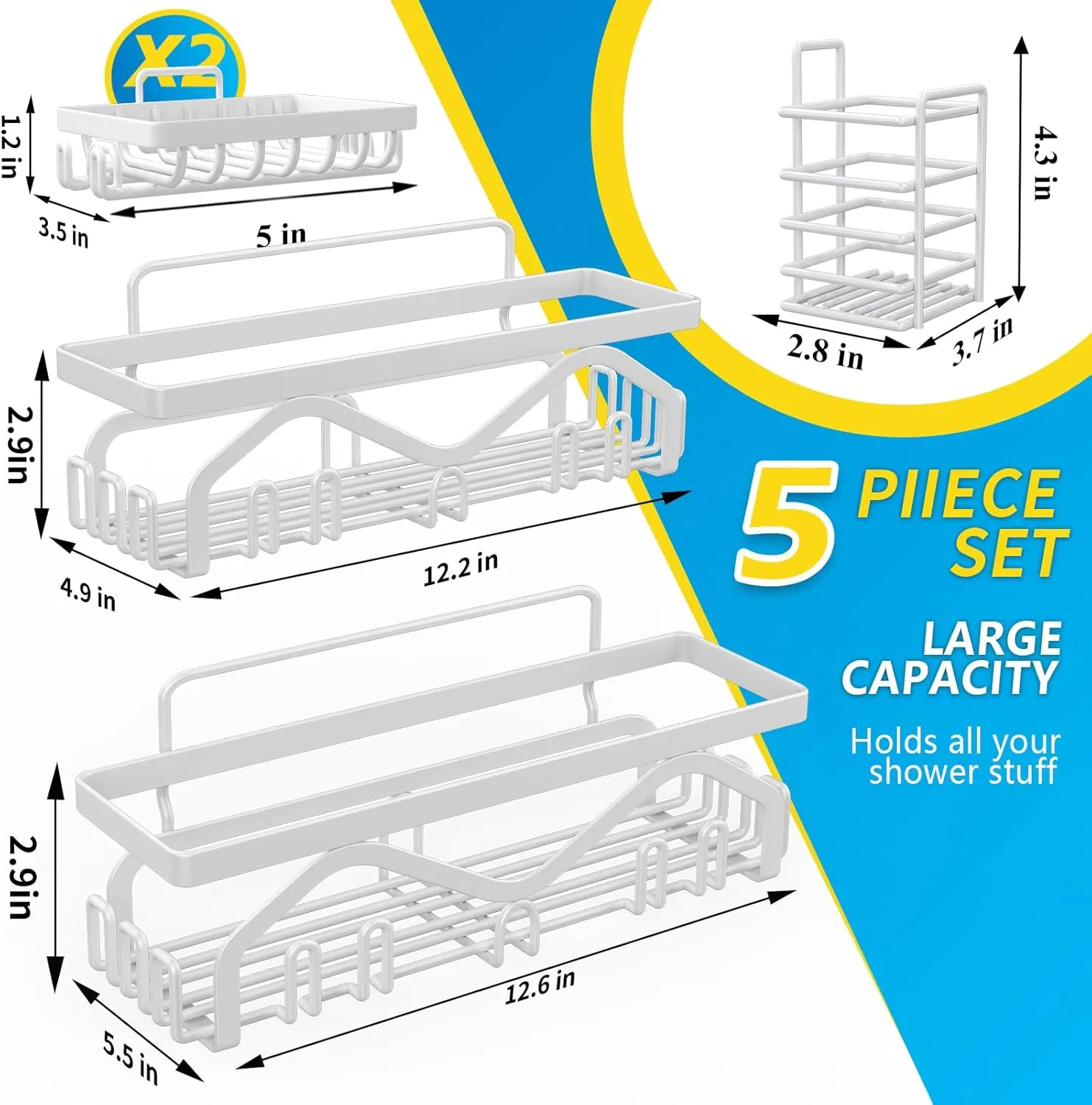 Coraje Shower Caddy [5-Pack], Adhesive Organizer No Drilling, Large Capacity Rustproof Bathroom Shelves, Shelf for Inside Shower (White)