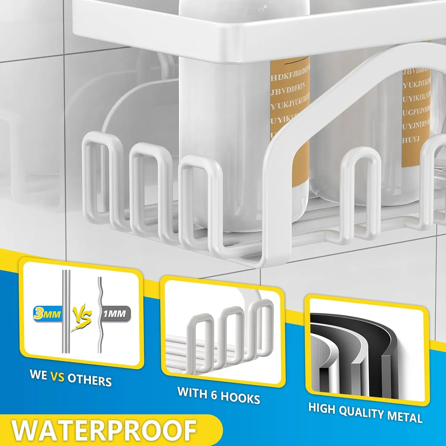 Coraje Shower Caddy [5-Pack], Adhesive Organizer No Drilling, Large Capacity Rustproof Bathroom Shelves, Shelf for Inside Shower (White)