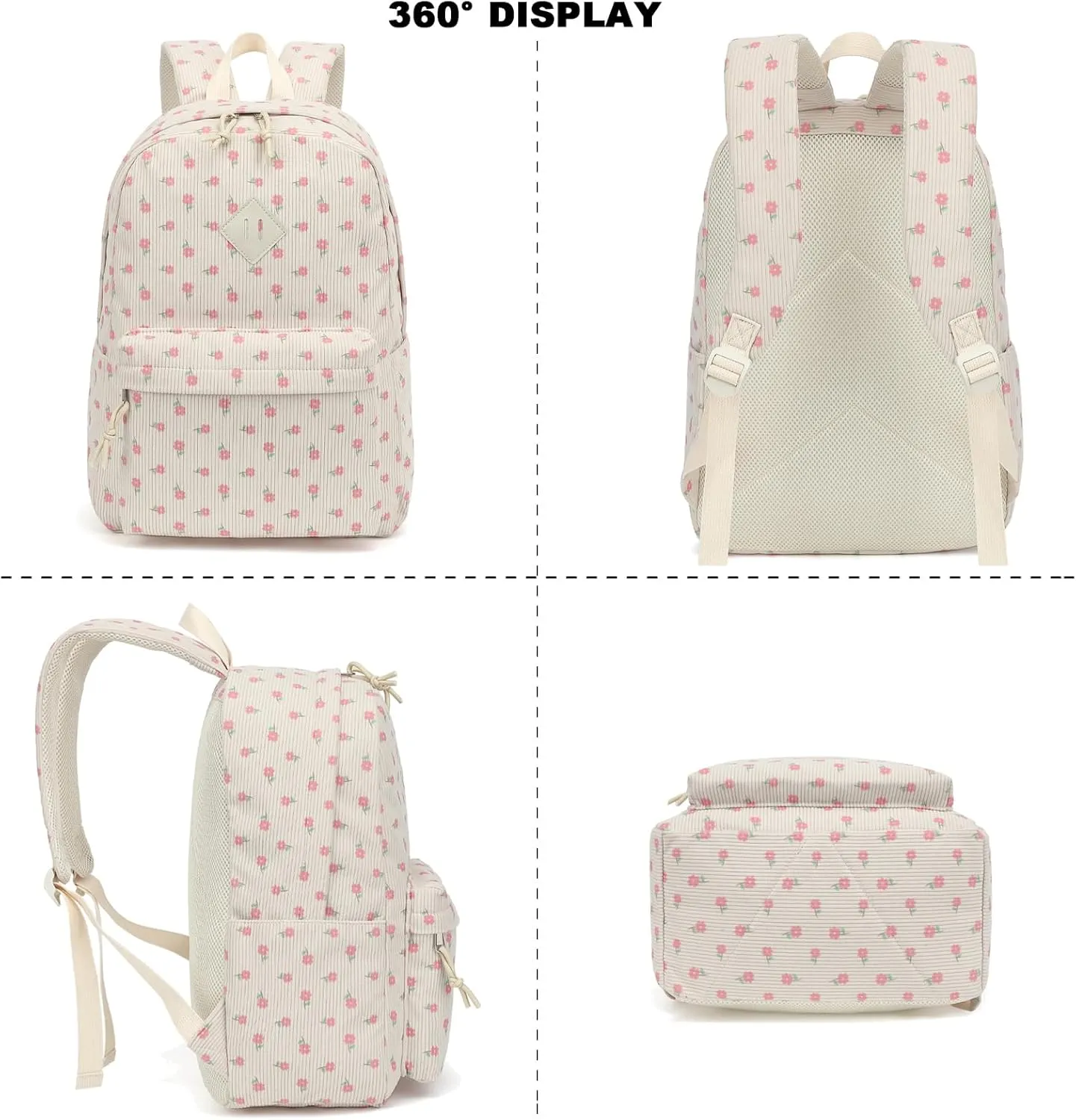 Corduroy Girls Backpack for School Women College Bookbags Travel Casual Backpacks (Pink Flower)