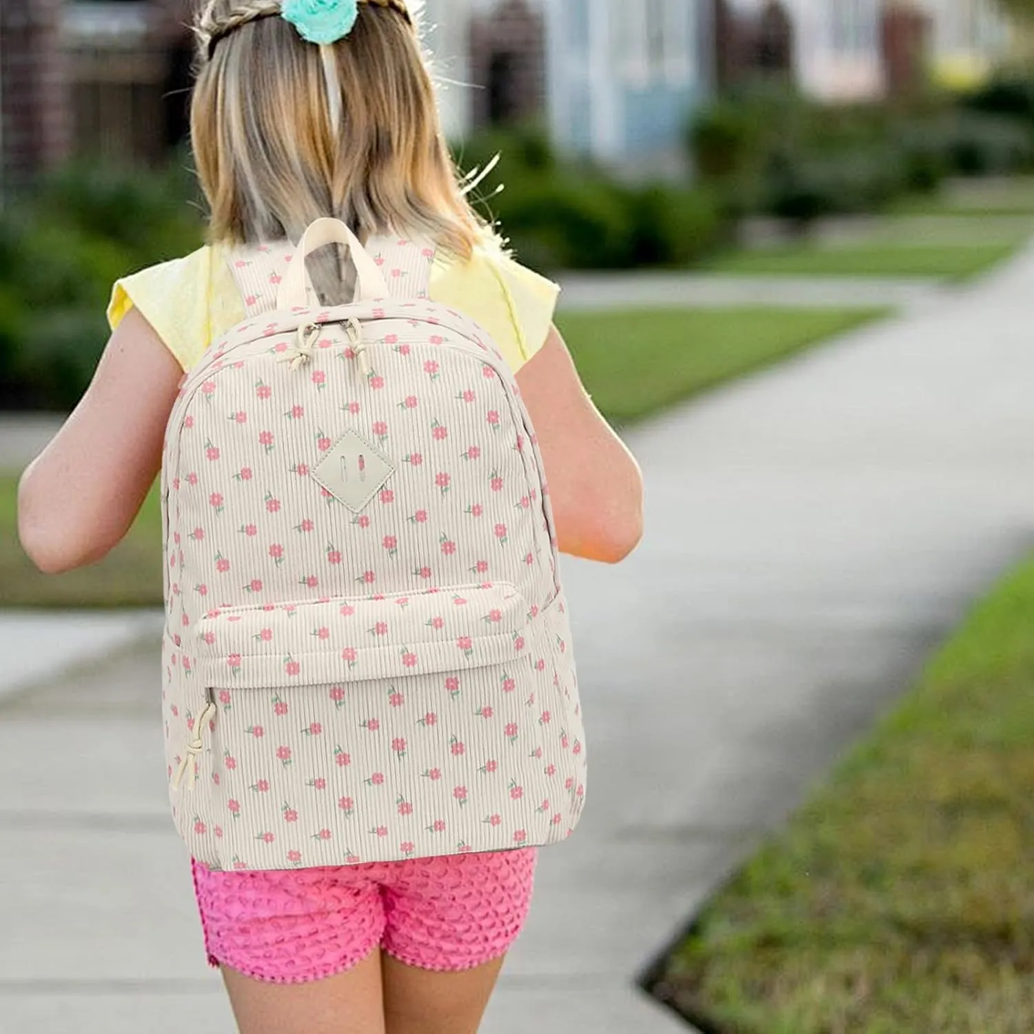 Corduroy Girls Backpack for School Women College Bookbags Travel Casual Backpacks (Pink Flower)