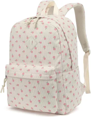 Corduroy Girls Backpack for School Women College Bookbags Travel Casual Backpacks (Pink Flower)