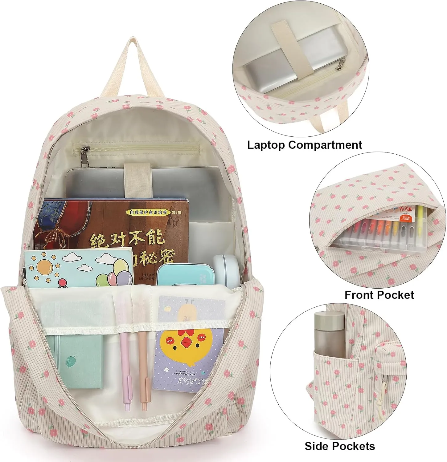 Corduroy Girls Backpack for School Women College Bookbags Travel Casual Backpacks (Pink Flower)
