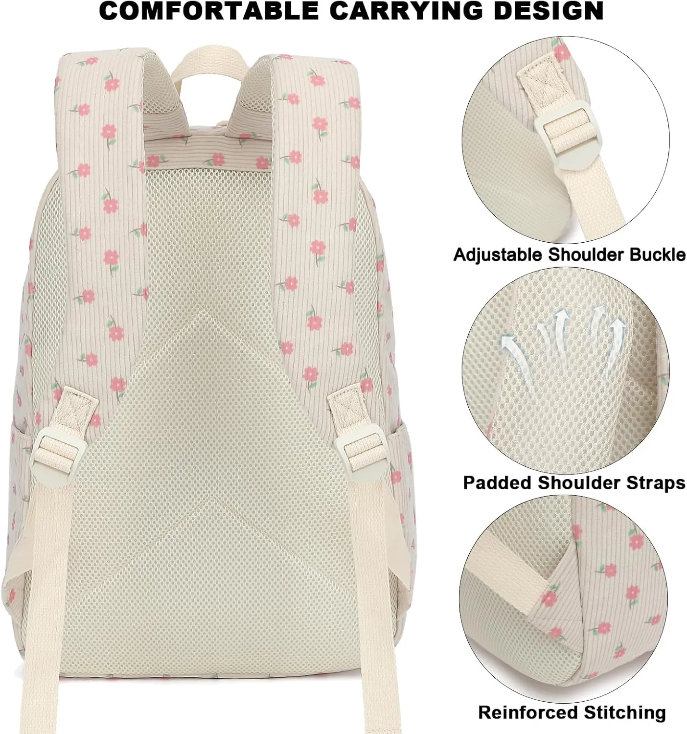 Corduroy Girls Backpack for School Women College Bookbags Travel Casual Backpacks (Pink Flower)
