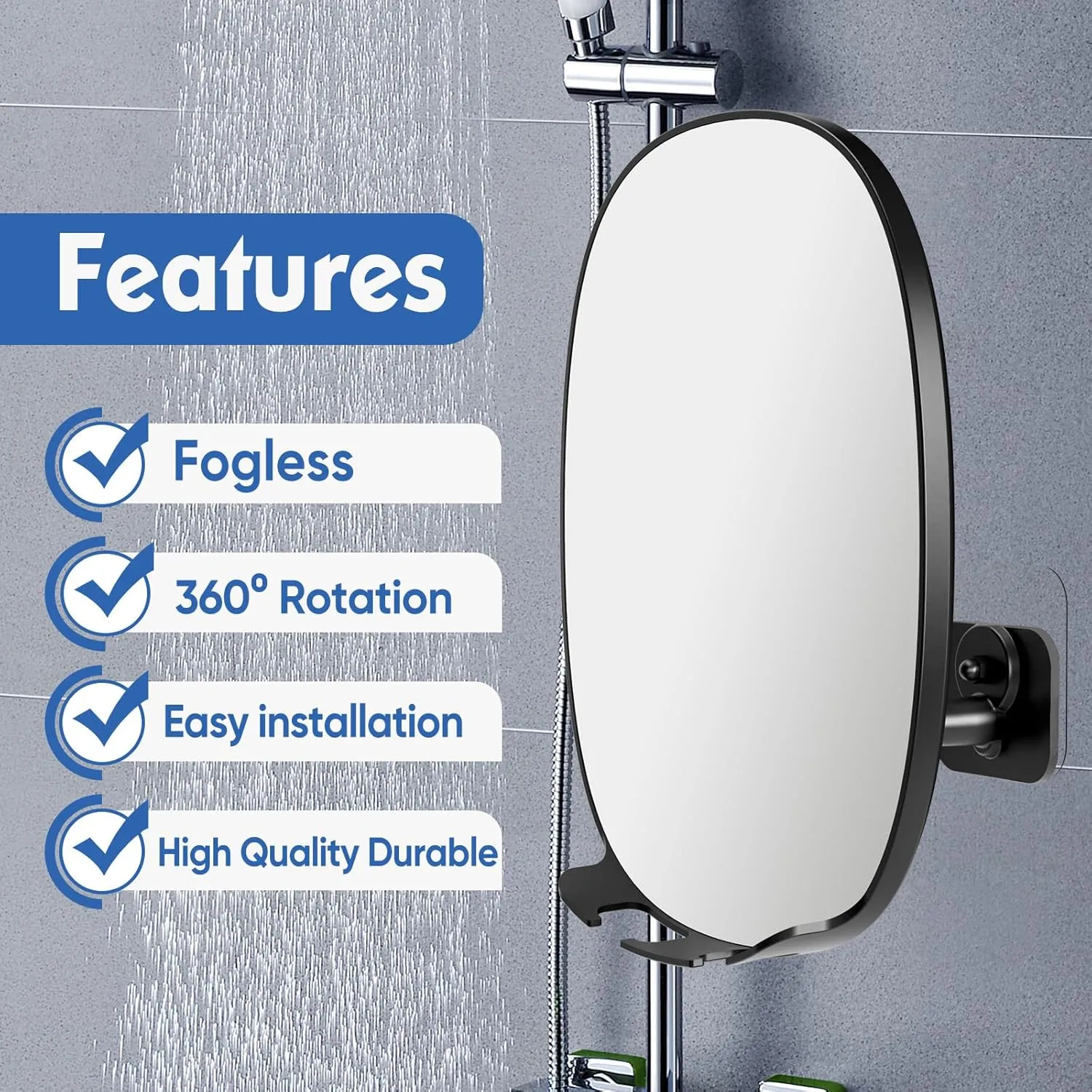 COSMIRROR Shower Mirror Fogless for Shaving with Updated Adhesive, 360° Rotation, Two Razor Holders No-Drilling Fogless Mirror for Shower, Shatterproof & Waterproof Bathroom Shaving Mirror Black