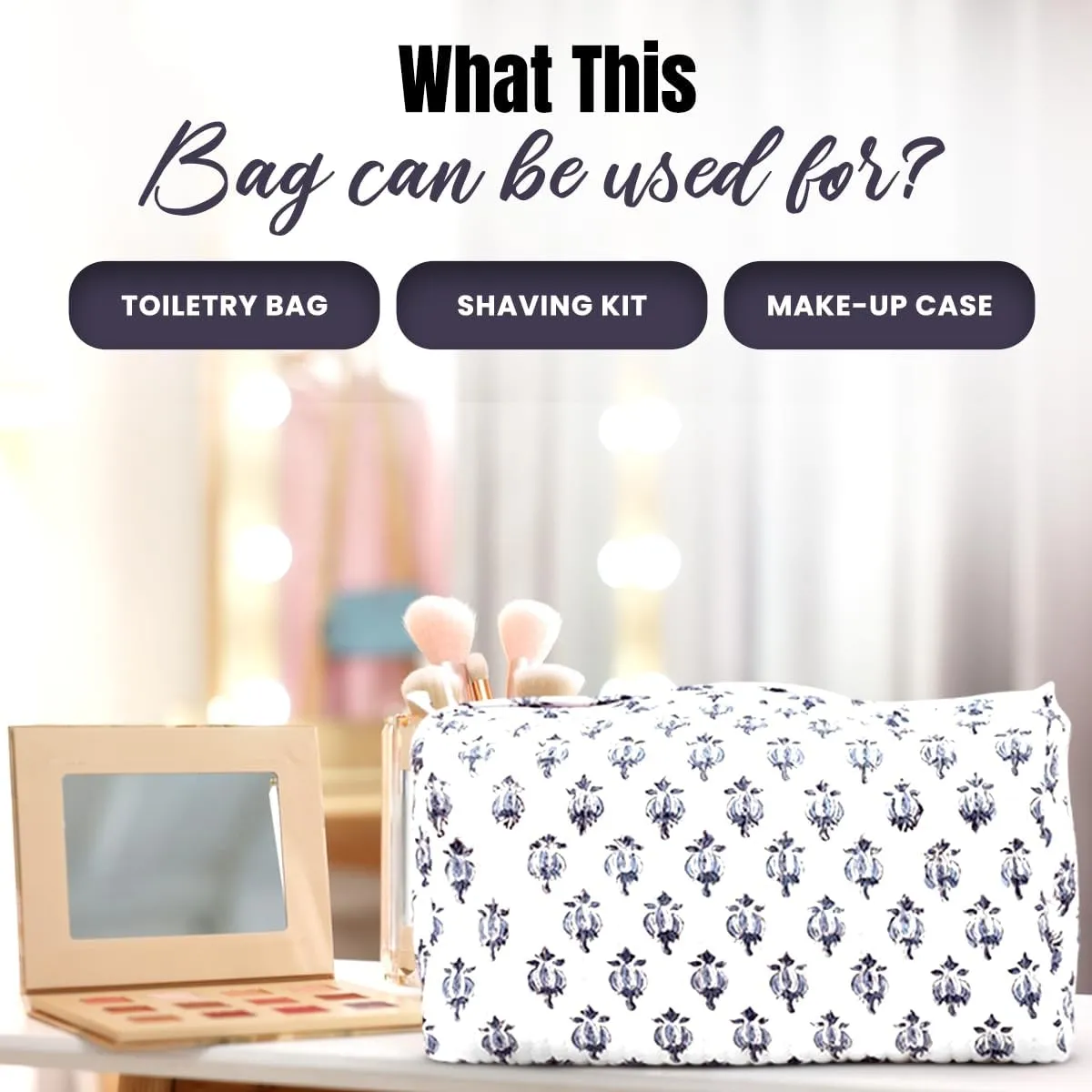 Cotton Hand Block Floral Print Toiletry Bag For Women Make Up Cosmetic Bag Jewelry Organizer Kit Storage Bag Case Travel Accessories Essentials Toiletries Purse Open Pouch White 2 (9.25"x 6.88"x 4.5")