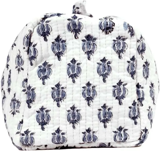 Cotton Hand Block Floral Print Toiletry Bag For Women Make Up Cosmetic Bag Jewelry Organizer Kit Storage Bag Case Travel Accessories Essentials Toiletries Purse Open Pouch White 2 (9.25"x 6.88"x 4.5")