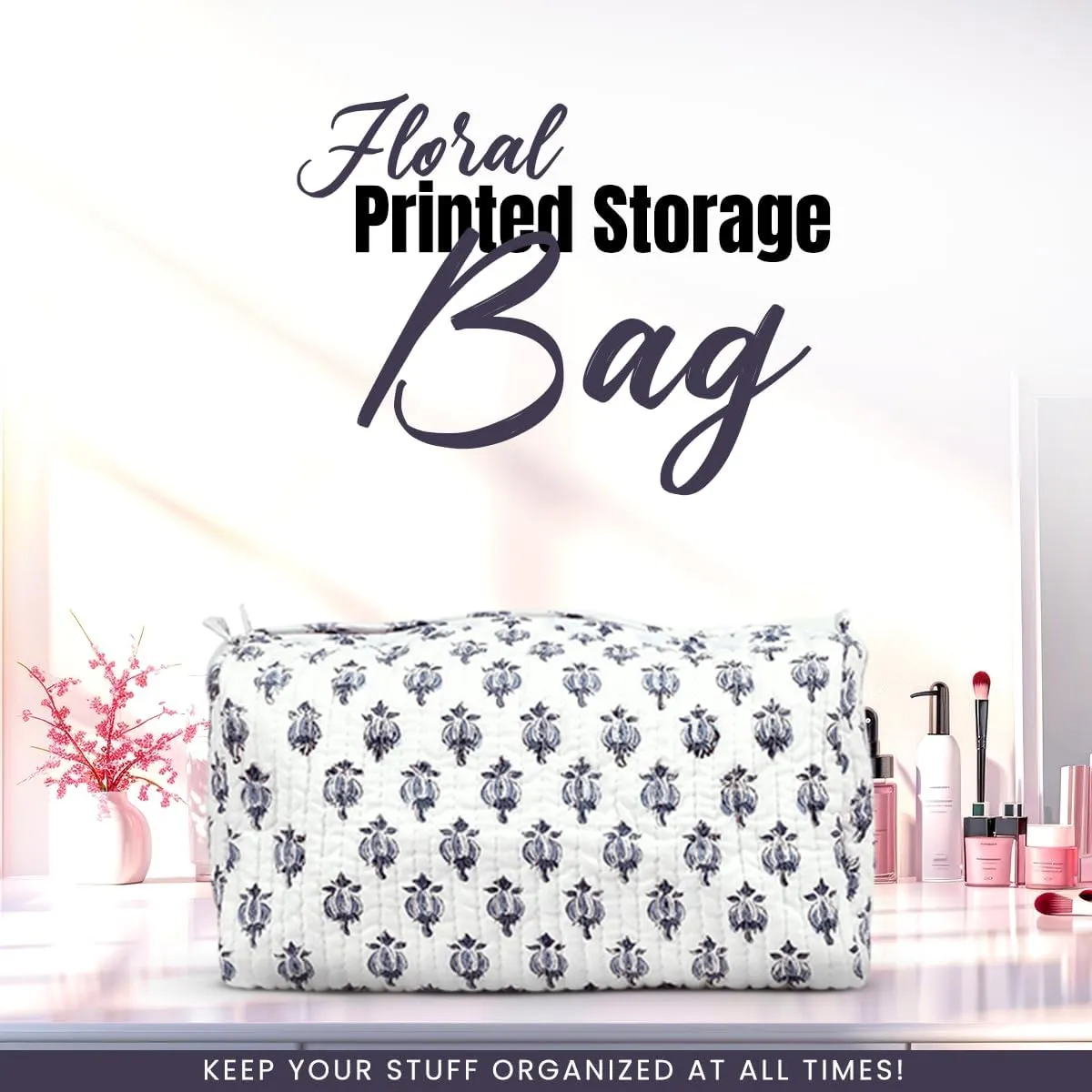 Cotton Hand Block Floral Print Toiletry Bag For Women Make Up Cosmetic Bag Jewelry Organizer Kit Storage Bag Case Travel Accessories Essentials Toiletries Purse Open Pouch White 2 (9.25"x 6.88"x 4.5")