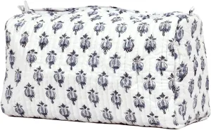 Cotton Hand Block Floral Print Toiletry Bag For Women Make Up Cosmetic Bag Jewelry Organizer Kit Storage Bag Case Travel Accessories Essentials Toiletries Purse Open Pouch White 2 (9.25"x 6.88"x 4.5")