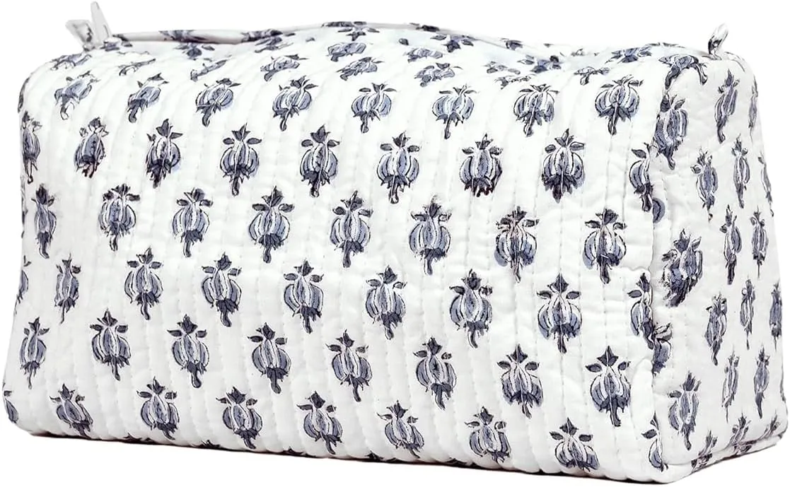 Cotton Hand Block Floral Print Toiletry Bag For Women Make Up Cosmetic Bag Jewelry Organizer Kit Storage Bag Case Travel Accessories Essentials Toiletries Purse Open Pouch White 2 (9.25"x 6.88"x 4.5")