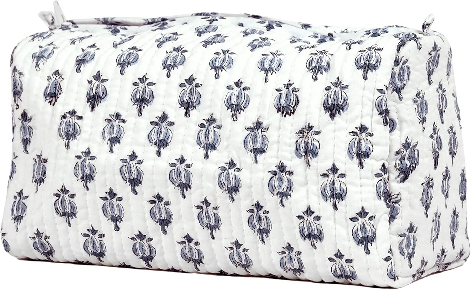 Cotton Hand Block Floral Print Toiletry Bag For Women Make Up Cosmetic Bag Jewelry Organizer Kit Storage Bag Case Travel Accessories Essentials Toiletries Purse Open Pouch White 2 (9.25"x 6.88"x 4.5")