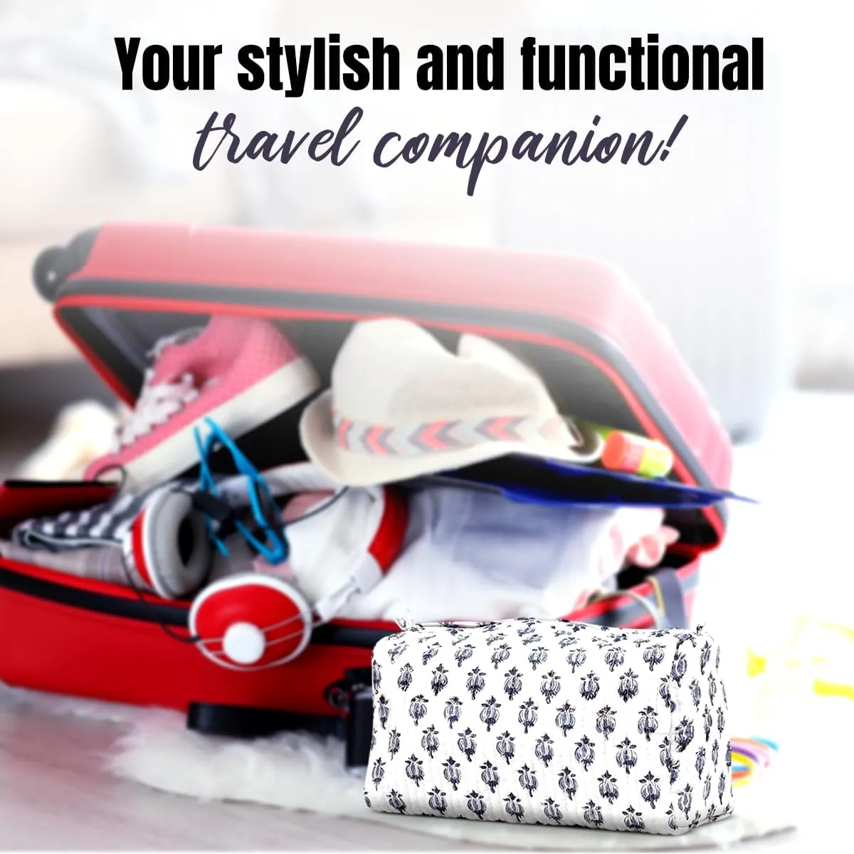 Cotton Hand Block Floral Print Toiletry Bag For Women Make Up Cosmetic Bag Jewelry Organizer Kit Storage Bag Case Travel Accessories Essentials Toiletries Purse Open Pouch White 2 (9.25"x 6.88"x 4.5")