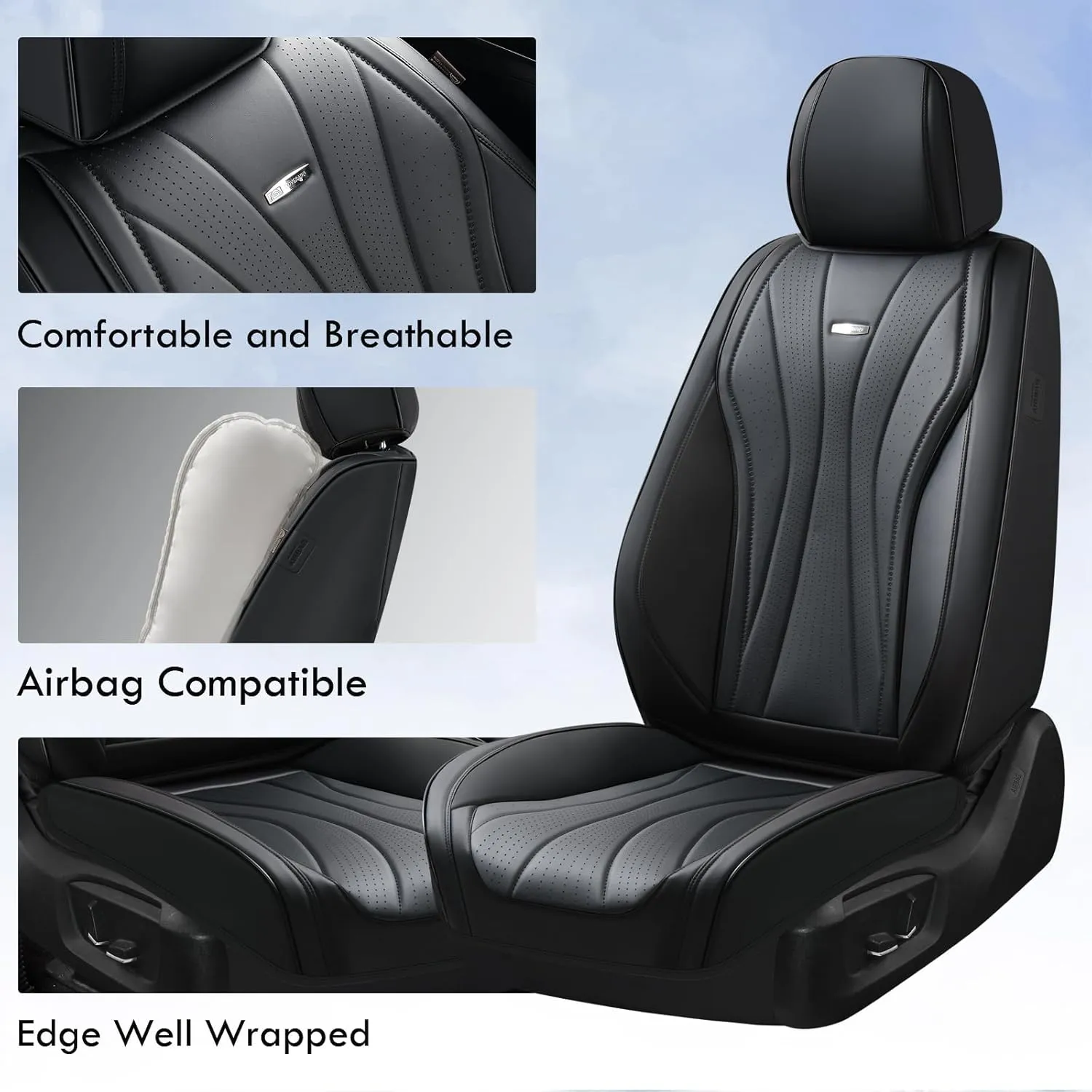 Coverado 8910 Car Seat Covers, Super Breathable Leather Seat Cover, Front and Back Seat Covers for Cars, Waterproof Seat Covers Car Seat Protectors Universal for Most Cars (Black-All, FrontPair)