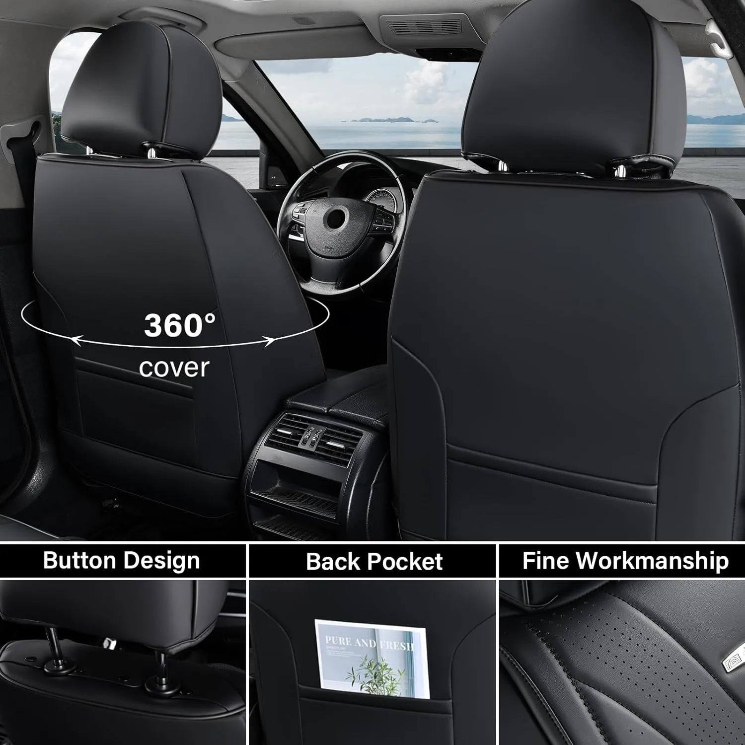 Coverado 8910 Car Seat Covers, Super Breathable Leather Seat Cover, Front and Back Seat Covers for Cars, Waterproof Seat Covers Car Seat Protectors Universal for Most Cars (Black-All, FrontPair)