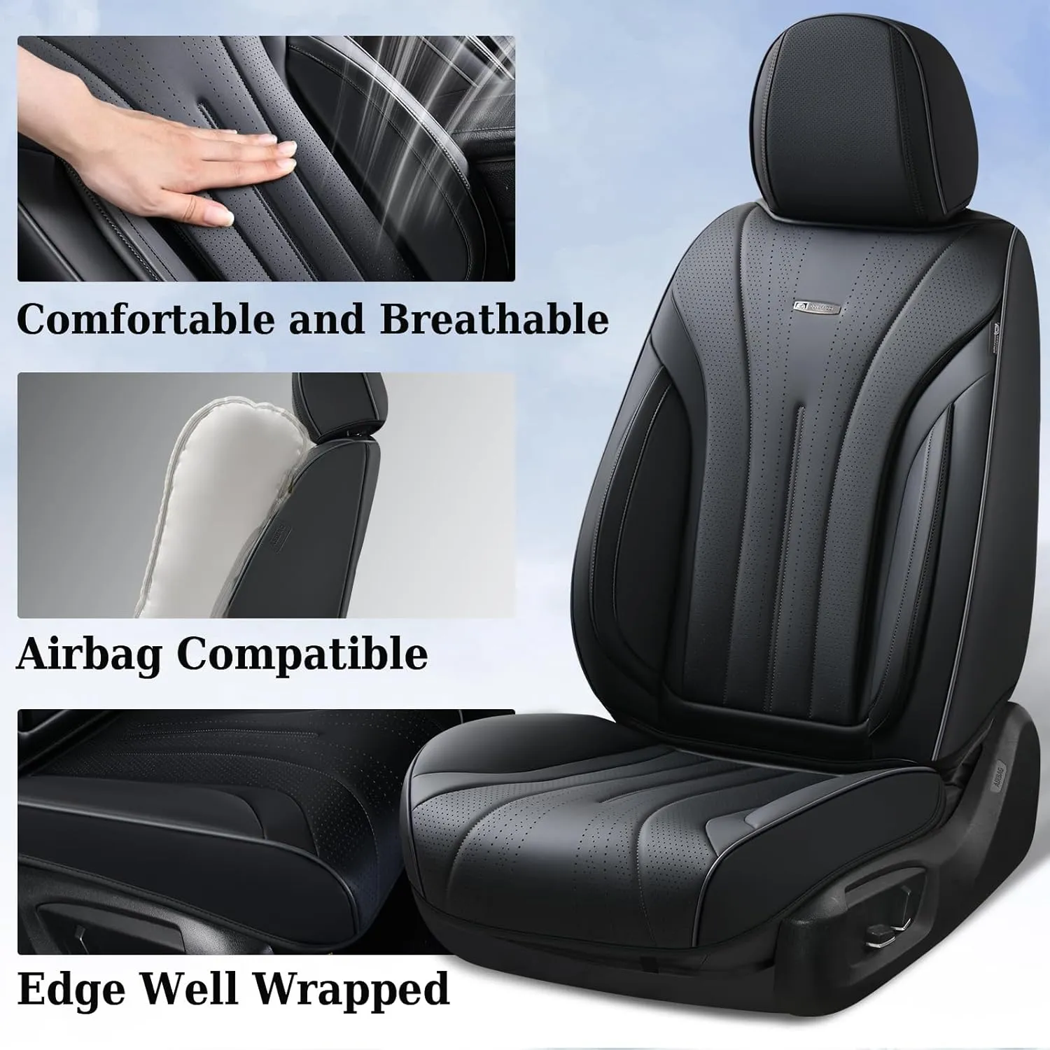 Coverado Car Seat Covers Front Seat, Breathable Nappa Leather Seat Cover, Black Seat Cover for Cars, Luxury Waterproof Car Seat Protector, Front Seat Cushion Universal Fit for Most Vehicles