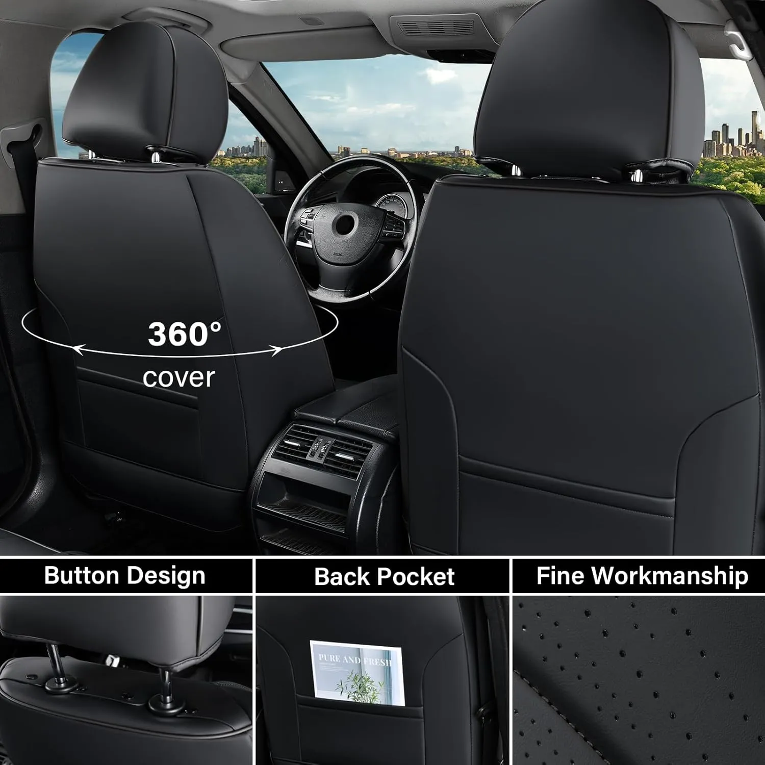 Coverado Car Seat Covers Front Seat, Breathable Nappa Leather Seat Cover, Black Seat Cover for Cars, Luxury Waterproof Car Seat Protector, Front Seat Cushion Universal Fit for Most Vehicles