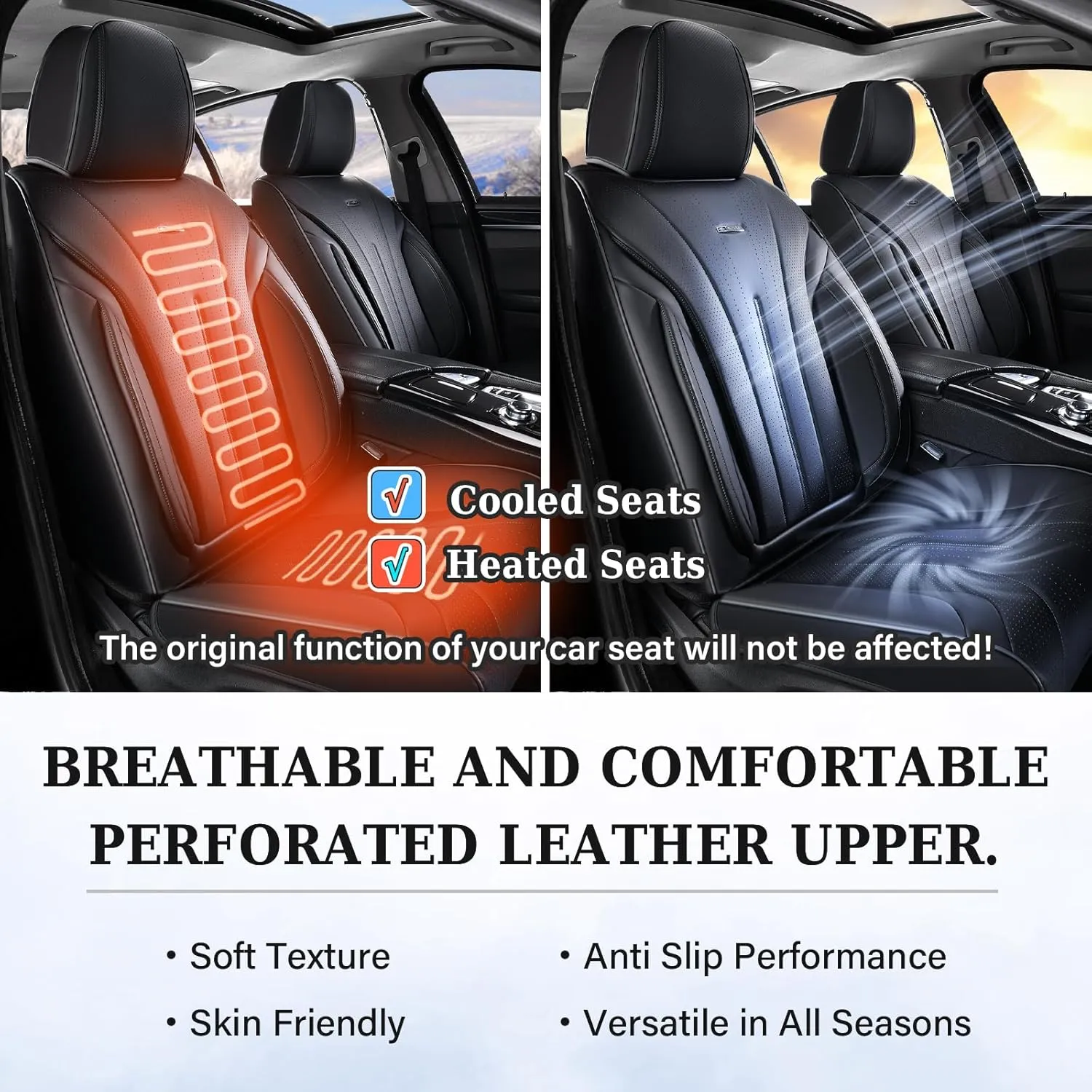 Coverado Car Seat Covers Front Seat, Breathable Nappa Leather Seat Cover, Black Seat Cover for Cars, Luxury Waterproof Car Seat Protector, Front Seat Cushion Universal Fit for Most Vehicles
