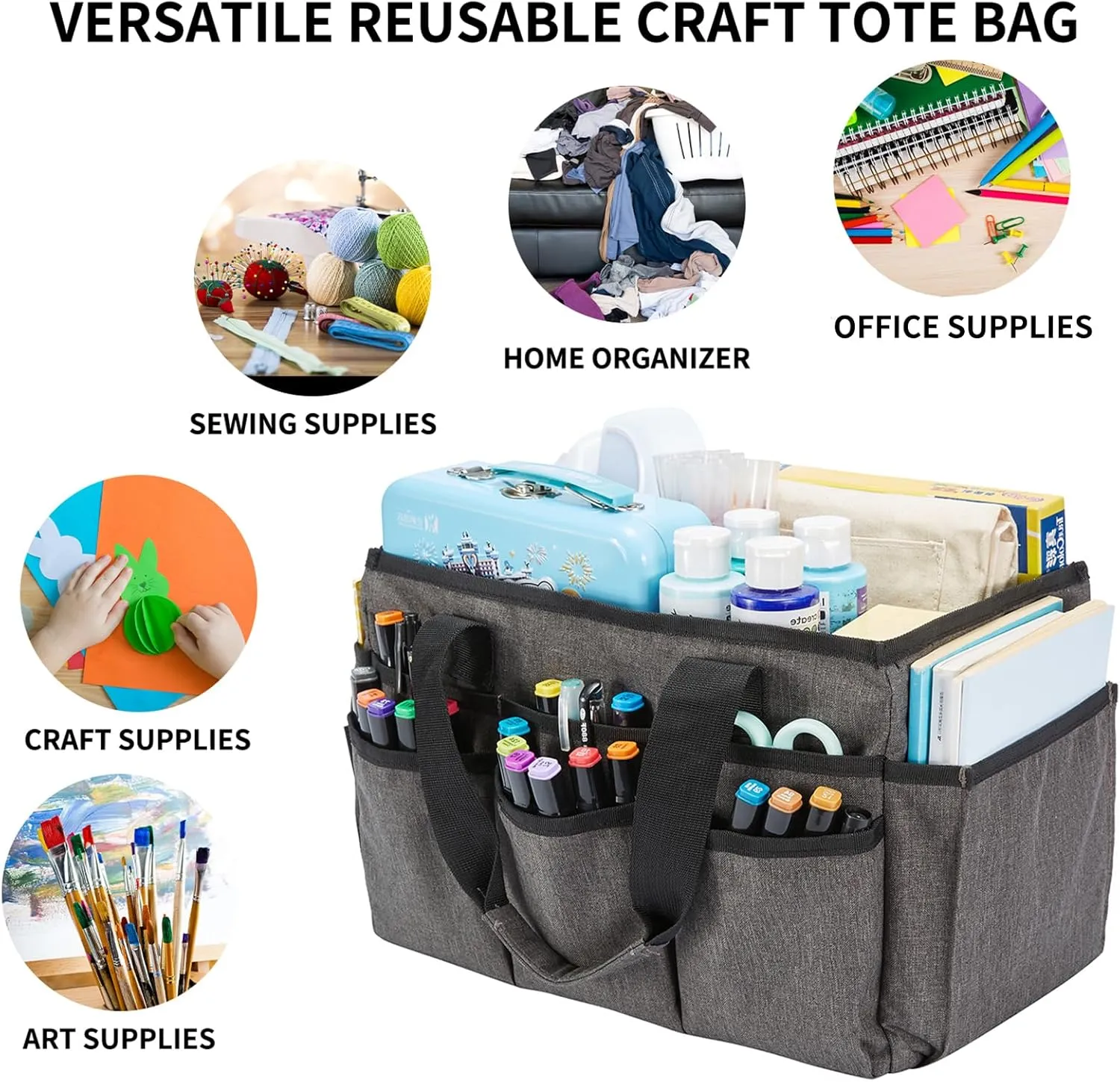 Craft Tote Bag, Art Organizer,Cleaning Supply Caddy, Carrying Bag with Handle for Multi-Purpose, Organizer Caddy for Pets (Dark Gray)