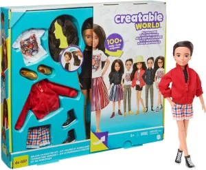 Creatable World Deluxe Character Kit DC-557 Customizable Doll with Dark Brown Wavy Hair, 6 Pieces Doll Clothes, 3 Pairs Shoes and 2 Accessories, Creative Play for All Kids 6 Years Old and Up