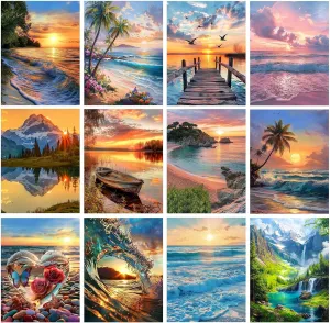 CreateJoy 12 Pack 5D Diamond Art Kits for Adults - Beach Diamond Art DIY Paint with Round Full Drill Diamond dots for Beginners, Gem Paintings for 12X16 Inch Home Wall Decor