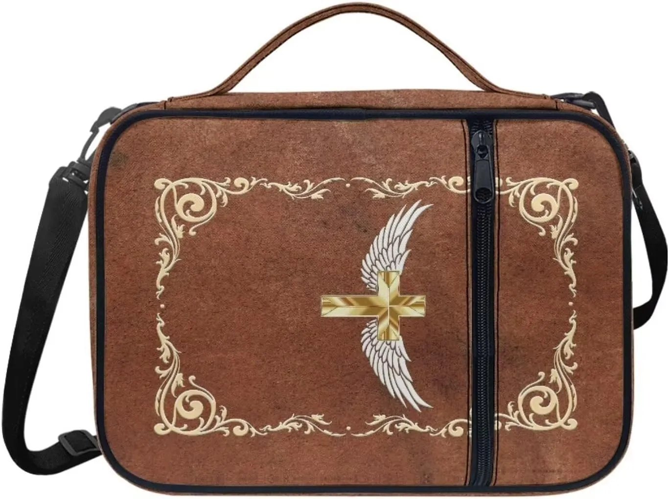 Cross Bible Cover for Men Bible Covers with Shoulder Strap, Carrying Book Case Protective with Handle and Pockets Bible Study Journal Notebook Pens and Highlighters Holder