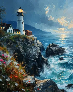 Cross-Stitch Stamped Kits, Coastal Lighthouse at Dusk, Embroidery Crafts Needlepoint Kit, Beginners Starter Kits, DIY Handmade Gifts 11CT 3 Strands 16x20 inch