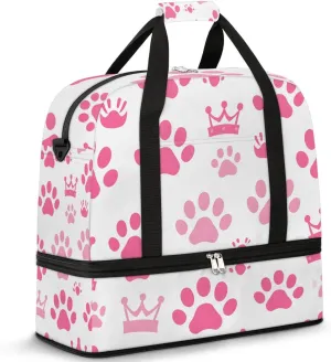 Crown Dog Footprint Travel Duffel Bag for Women Men Weekender Overnight Bag with Shoe Compartment Foldable Sports Gym Luggage Bag