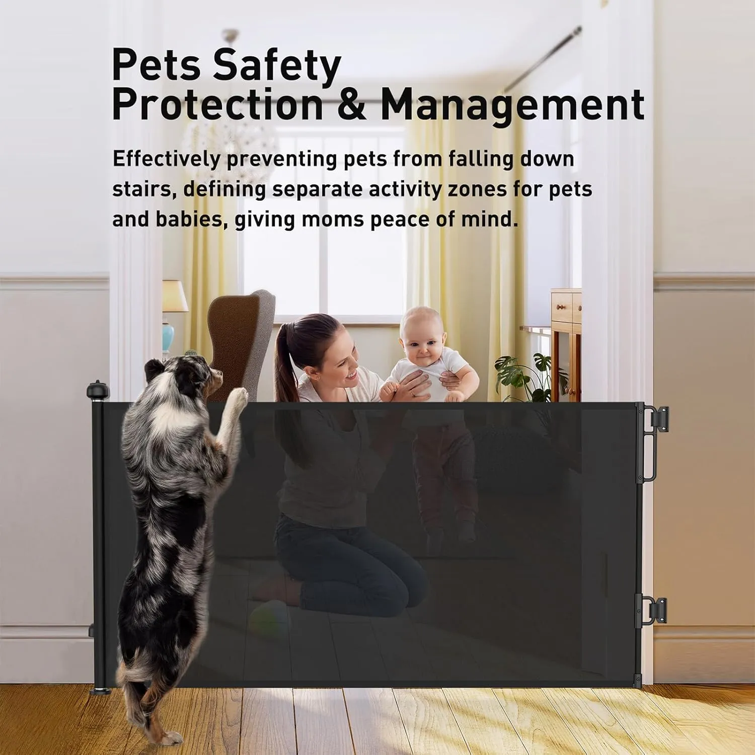 Cumbor Retractable Baby Gates for Stairs, Mom Choice Award Winner-55 Wide Mesh Dog Gate for Doorways, 34" Tall Easy to Use Pet Fence for The House, Toddler Safety Essentials Indoor&Outdoor, Black