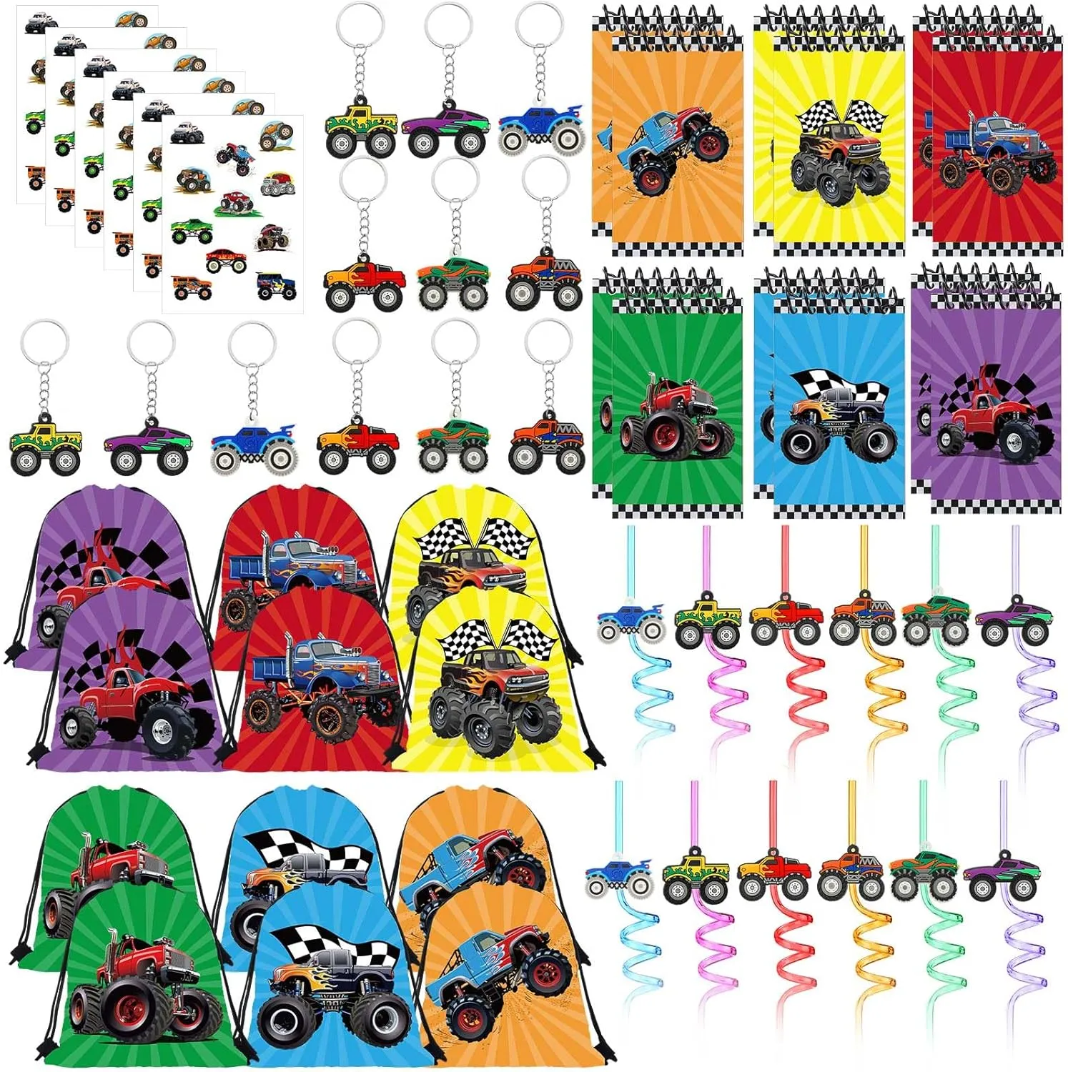 Cunno 98 Pcs Monster Truck Party Favors Include Truck Drinking Straws Mini Keychains Drawstring Bag Spiral Notepads and Stickers for Kids Boys Cars Birthday Party Supplies Decorations Decor
