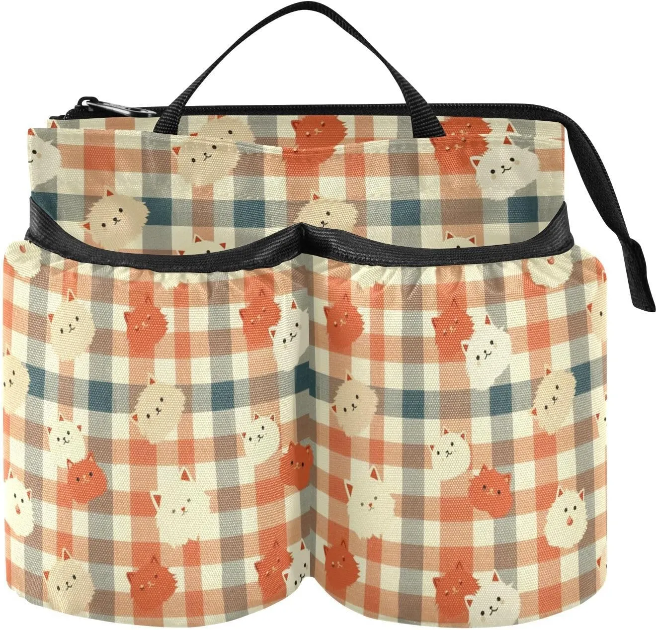 Cup Holder Suitcase Convenient Orange Blue Plaid Cute Cats Cup Holder Bag Travelling Women Men