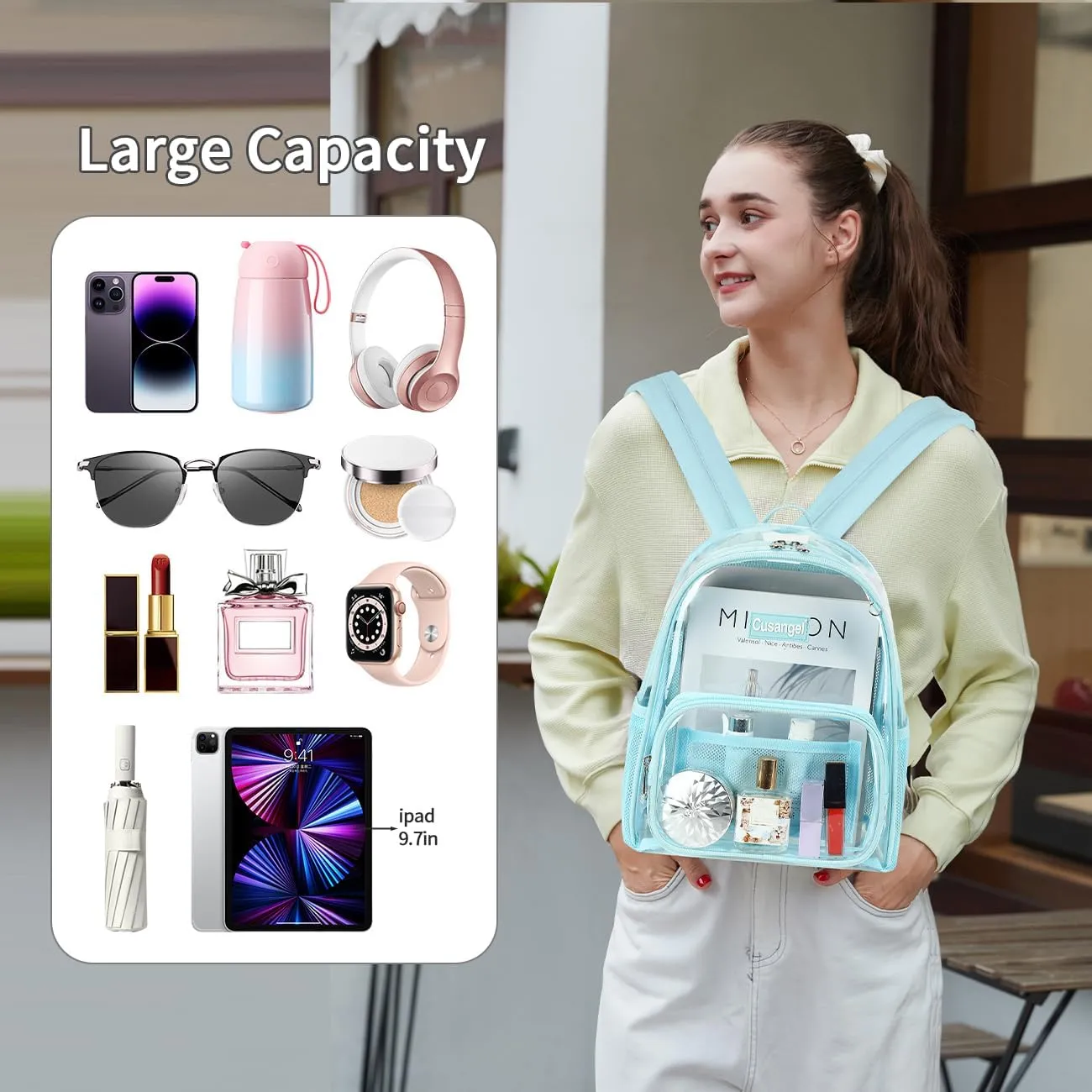 Cusangel Clear Backpack Stadium Approved 12×6×12,TPU Mini Transparent Backpacks Plastic See Through Bag,Clear Bag for Concert Sport Event Work School Festival