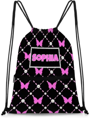 Custom Ballet Drawstring Backpacks with Name, Black Dance Bags, Personalized Dance Backpacks, Violet Pink Butterflies with Pearl Pattern