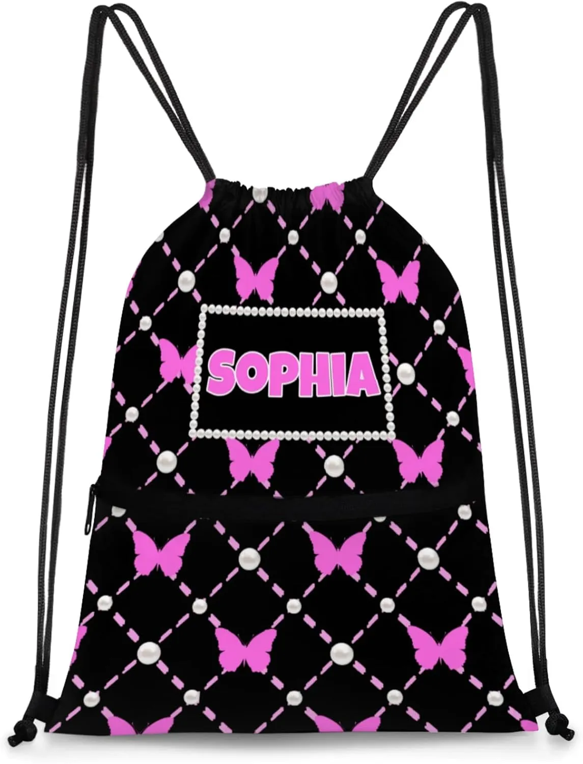 Custom Ballet Drawstring Backpacks with Name, Black Dance Bags, Personalized Dance Backpacks, Violet Pink Butterflies with Pearl Pattern