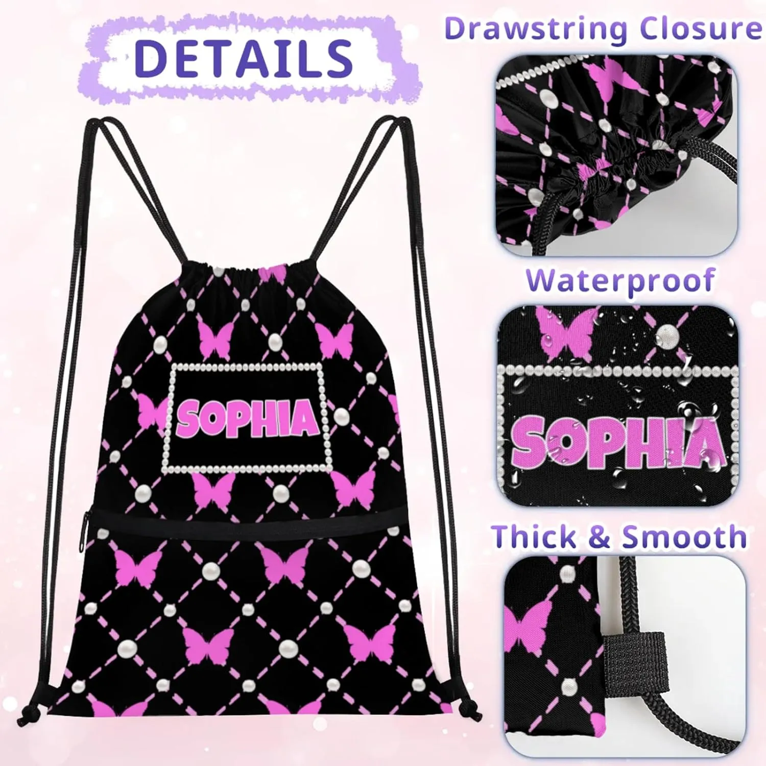 Custom Ballet Drawstring Backpacks with Name, Black Dance Bags, Personalized Dance Backpacks, Violet Pink Butterflies with Pearl Pattern
