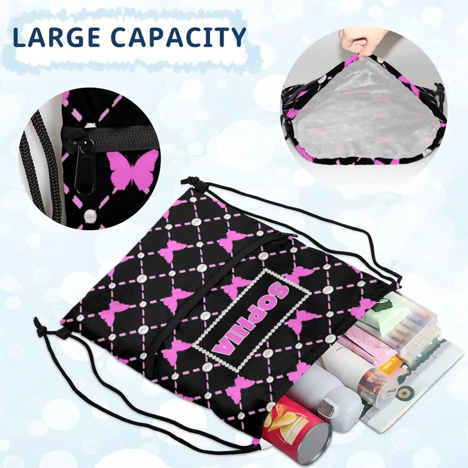 Custom Ballet Drawstring Backpacks with Name, Black Dance Bags, Personalized Dance Backpacks, Violet Pink Butterflies with Pearl Pattern