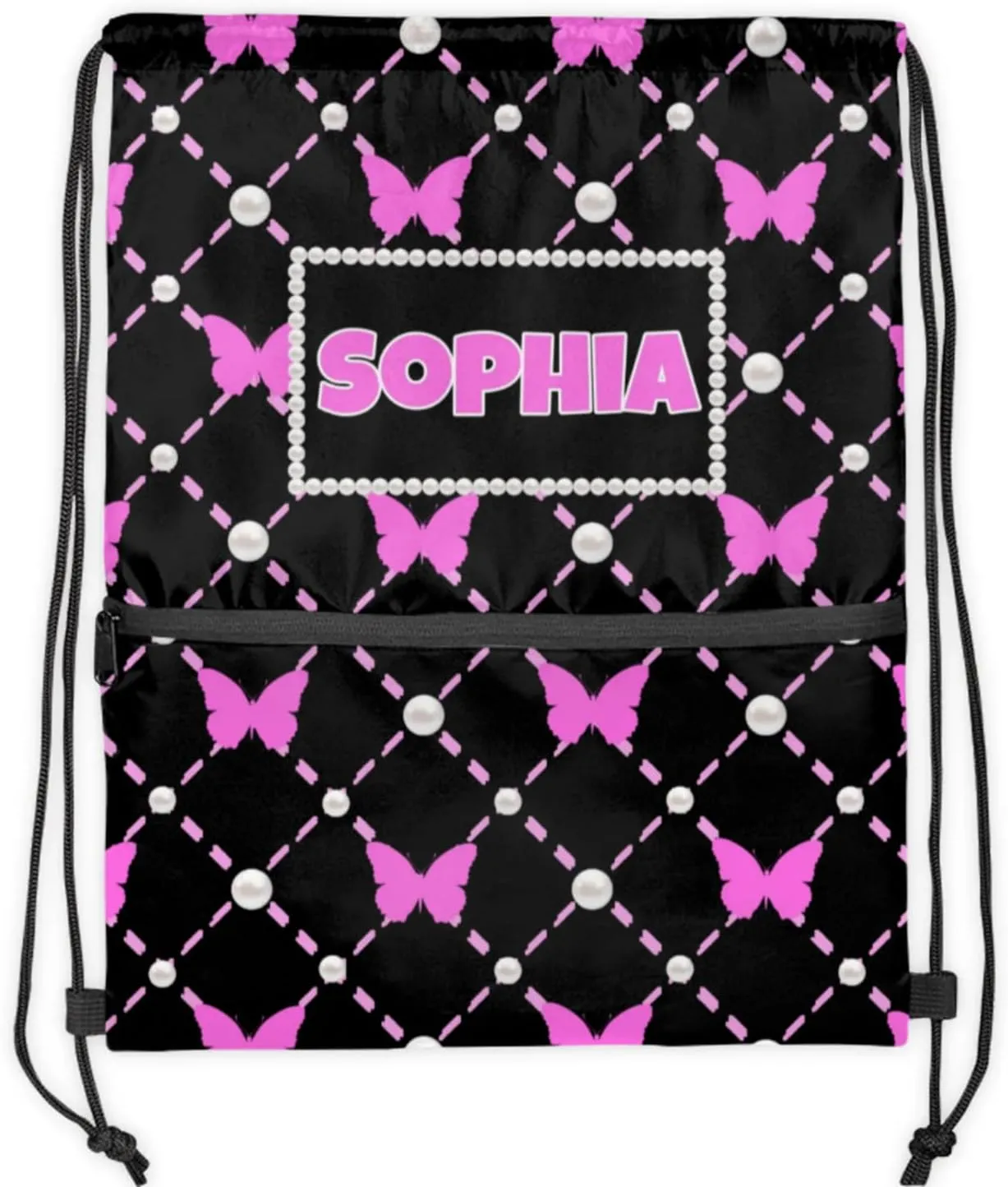Custom Ballet Drawstring Backpacks with Name, Black Dance Bags, Personalized Dance Backpacks, Violet Pink Butterflies with Pearl Pattern