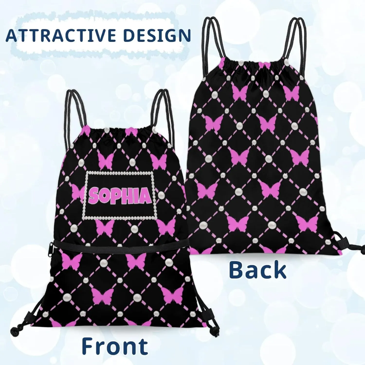 Custom Ballet Drawstring Backpacks with Name, Black Dance Bags, Personalized Dance Backpacks, Violet Pink Butterflies with Pearl Pattern