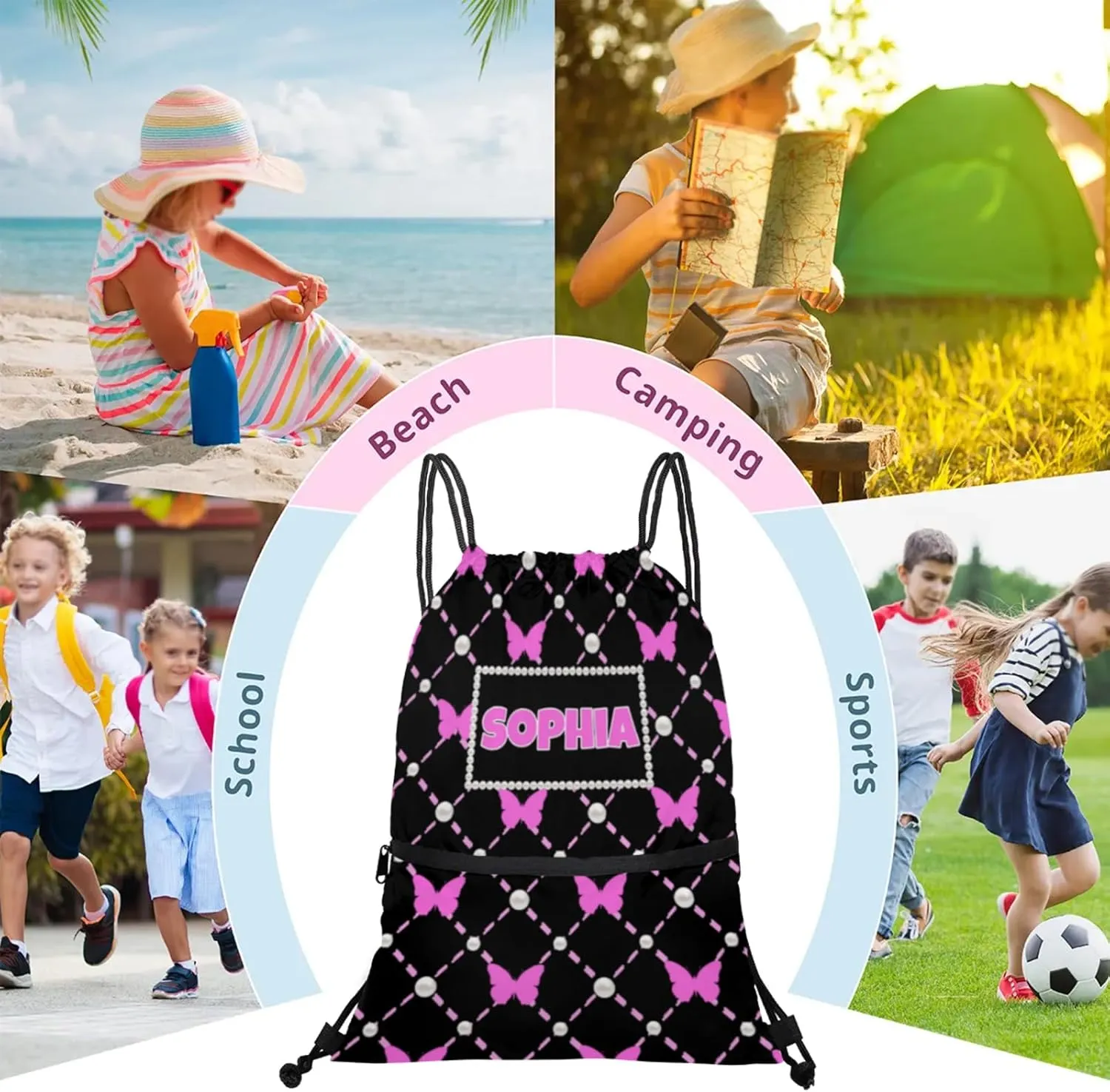 Custom Ballet Drawstring Backpacks with Name, Black Dance Bags, Personalized Dance Backpacks, Violet Pink Butterflies with Pearl Pattern