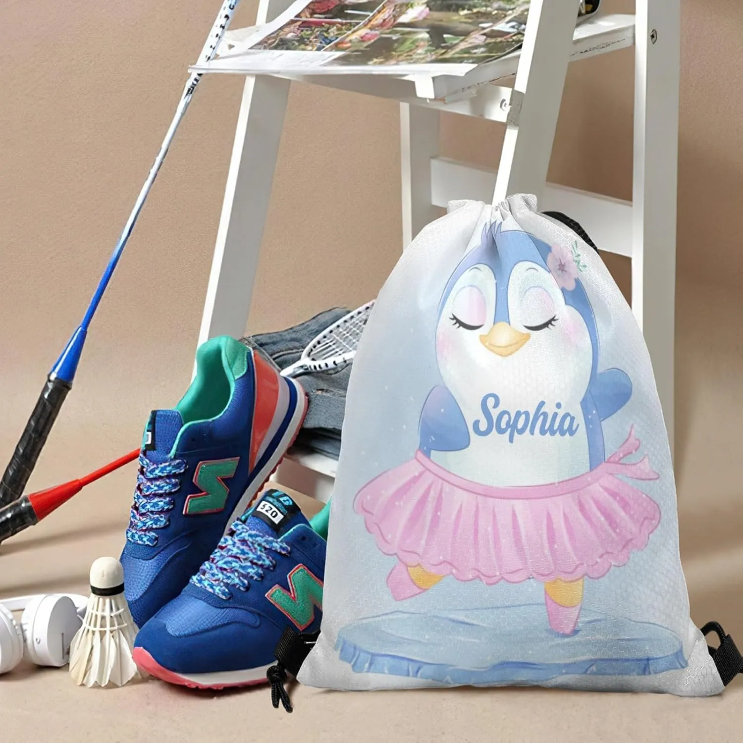 Custom Cute Penguin Dance Ballet Drawstring Bag with Name Personalized Cheerleading Yoga Fishing Rugby for Man Woman