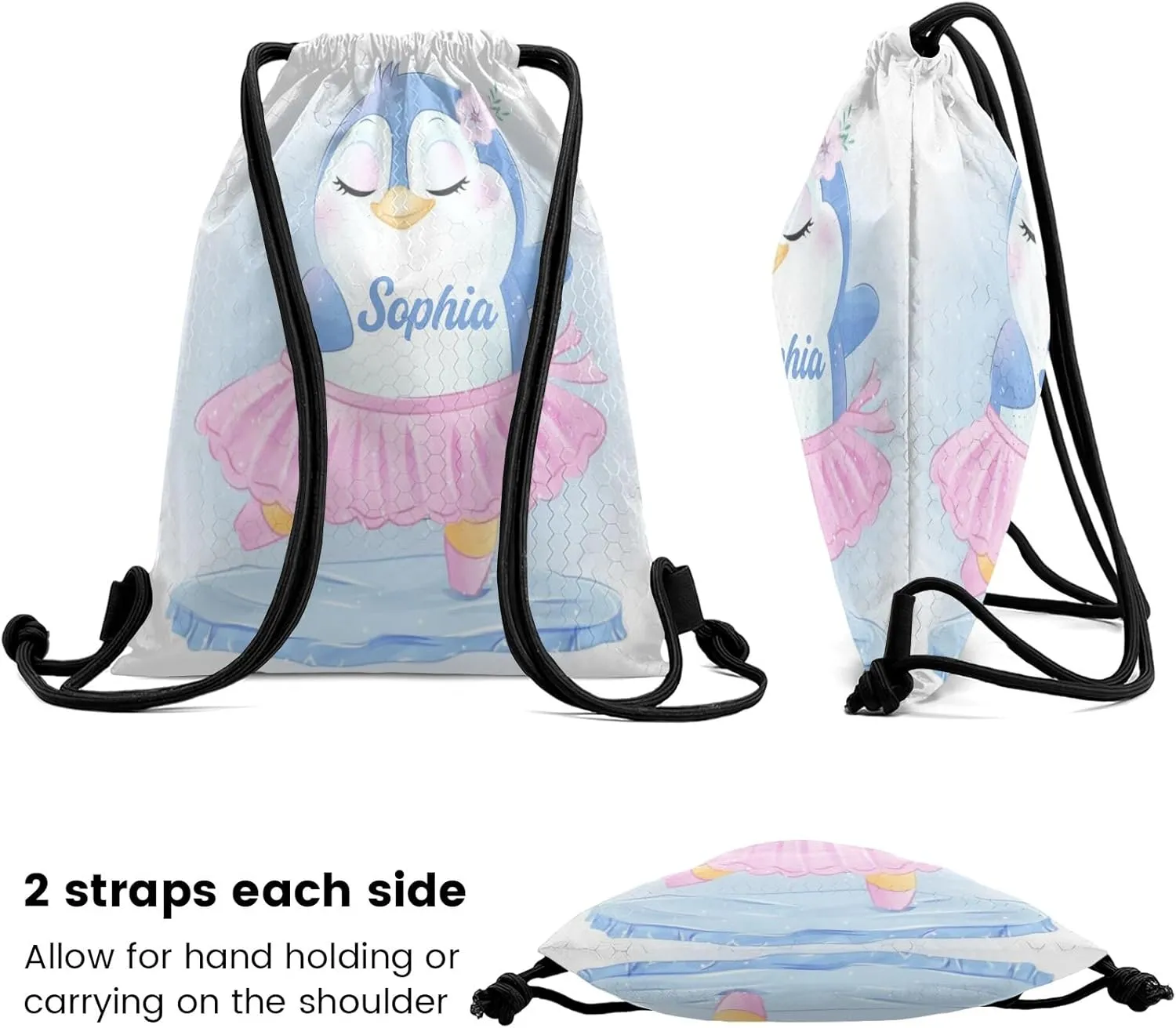 Custom Cute Penguin Dance Ballet Drawstring Bag with Name Personalized Cheerleading Yoga Fishing Rugby for Man Woman