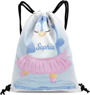 Custom Cute Penguin Dance Ballet Drawstring Bag with Name Personalized Cheerleading Yoga Fishing Rugby for Man Woman