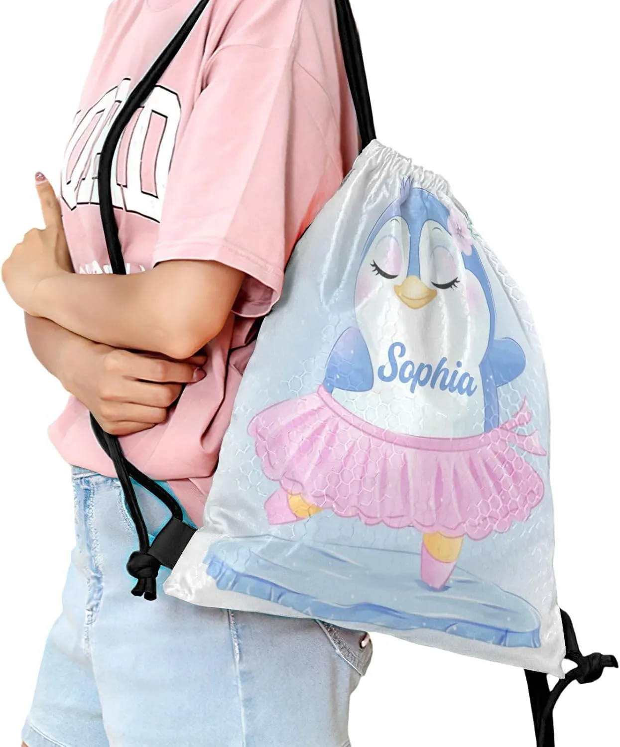 Custom Cute Penguin Dance Ballet Drawstring Bag with Name Personalized Cheerleading Yoga Fishing Rugby for Man Woman
