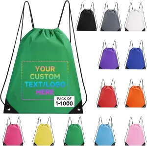 Custom Drawstring Bags With Logo, 50 Pack Personalized Text Drawstring Backpack Bulk Great for Travelling, Gym and for Everyday Use (Green)