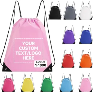 Custom Drawstring Bags With Logo, 50 Pack Personalized Text Drawstring Backpack Bulk Great for Travelling, Gym and for Everyday Use (Light Pink)