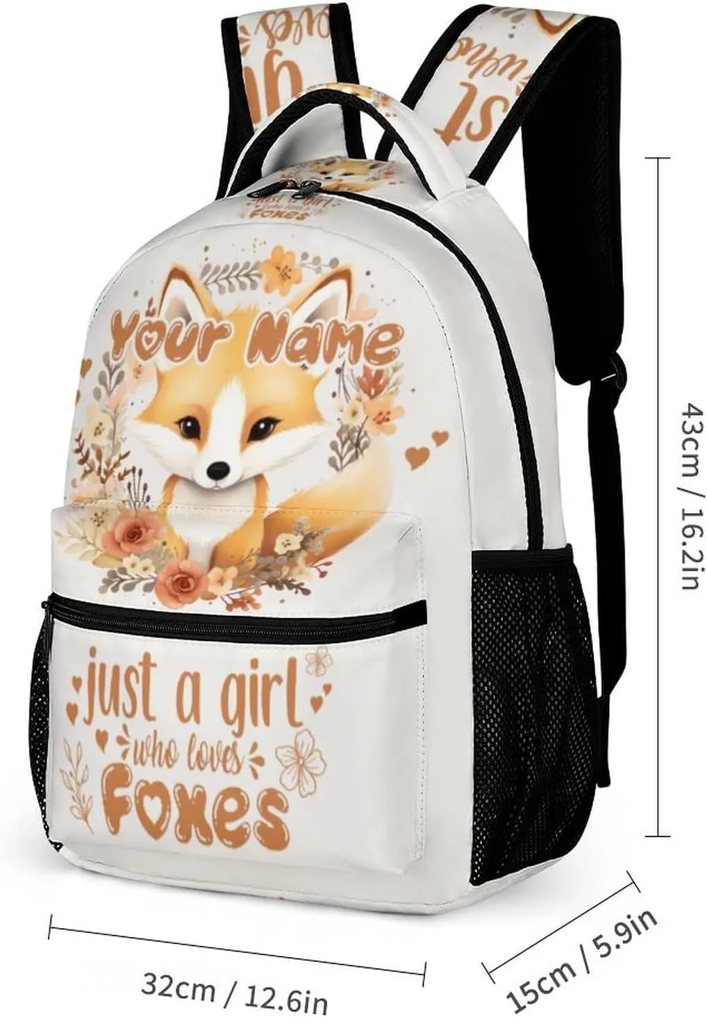 Custom Fox Backpack for Kids Girls Boys School, 16 Inches Cute Foxes Theme Bookbag, Adjustable, Lightweight, Large Capacity, Colorful Daily Casual Animal Backpacks